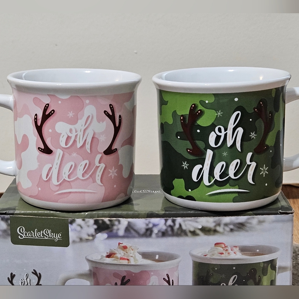 NIB "Oh Deer" His+Hers Camouflage Hunting Mugs, Set of 2 Pink+Green Cabincore
